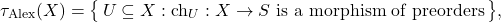 \[\tau_{\mathrm{Alex}}(X) = \bigl\{\, U \subseteq X : \mathrm{ch}_U : X \to S \text{ is a morphism of preorders} \,\bigr\},\]