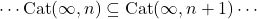 \cdots\mathrm{Cat}(\infty,n)\subseteq \mathrm{Cat}(\infty,n+1)\cdots