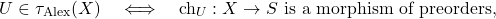 \[U \in \tau_{\mathrm{Alex}}(X) \quad\Longleftrightarrow\quad \mathrm{ch}_U : X \to S \text{ is a morphism of preorders,}\]