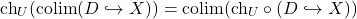\[\mathrm{ch}_U\!\left(\mathrm{colim}(D \hookrightarrow X)\right) = \mathrm{colim}\!\left(\mathrm{ch}_U \circ (D \hookrightarrow X)\right)\]