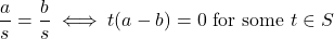 \[\frac{a}{s} = \frac{b}{s} \iff t(a - b) = 0 \text{ for some } t \in S\]