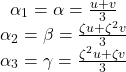 \[\begin{array}{c} \alpha_1=\alpha=\frac{u+v}{3} \\ \alpha_2=\beta=\frac{\zeta u+\zeta^2 v}{3} \\ \alpha_3=\gamma=\frac{\zeta^2 u+\zeta v}{3} \end{array}\]